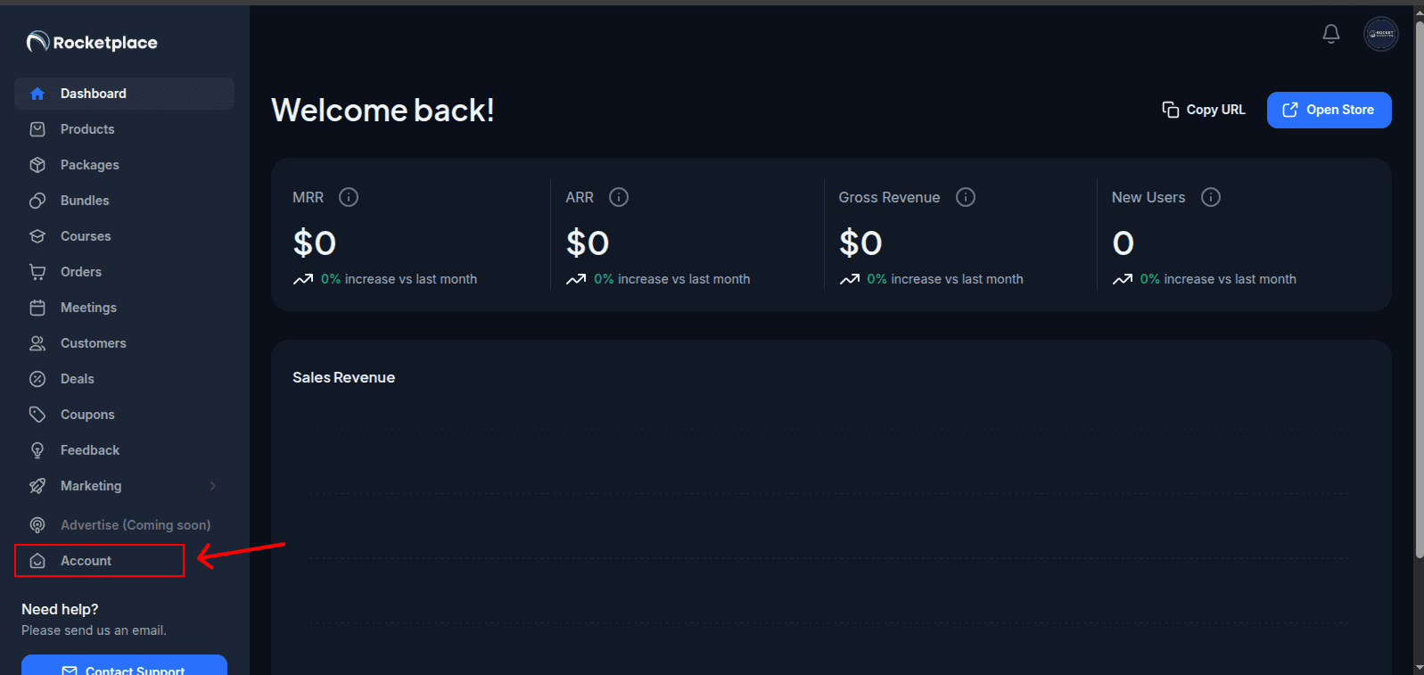 Account menu in sidebar